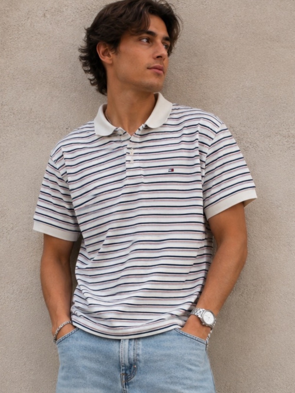 Tommy Hilfiger Y2K Vintage White Polo with Navy and Red Stripes